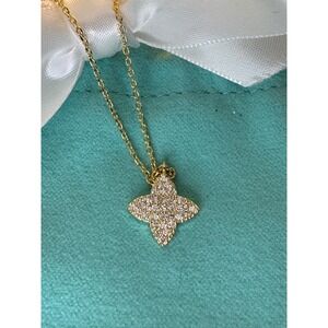 Gold Tone Pave Crystal Four Point Star Flower Pendant Necklace Dainty Sparkle
